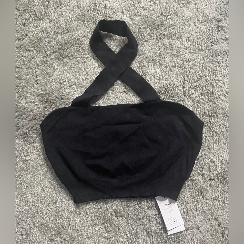 Cider Solid Black Knit Cross Halter Crop Top NWT Small Shopcider